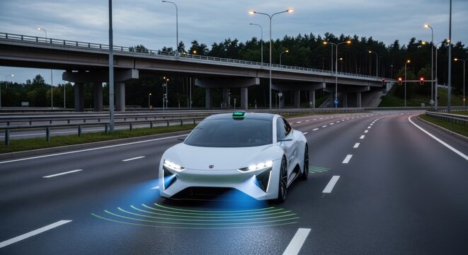 Futuristic Autonomous Electric Car Driving on Highway with Sensor Data Visualization