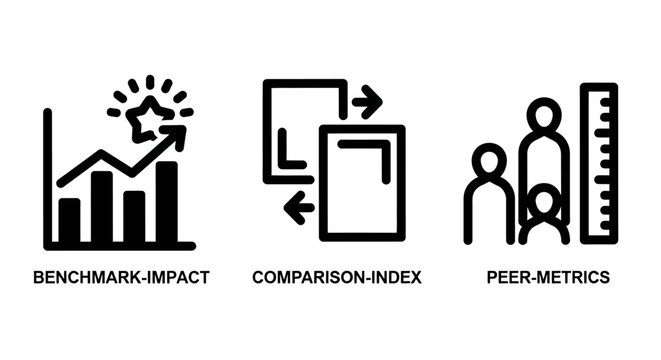 Benchmark impact comparison index peer metrics icons with line art benchmark comparison analysis statistics performance business strategy improvement evaluation progress technology