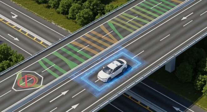Self-driving car on highway with smart road markings and futuristic HUD overlay