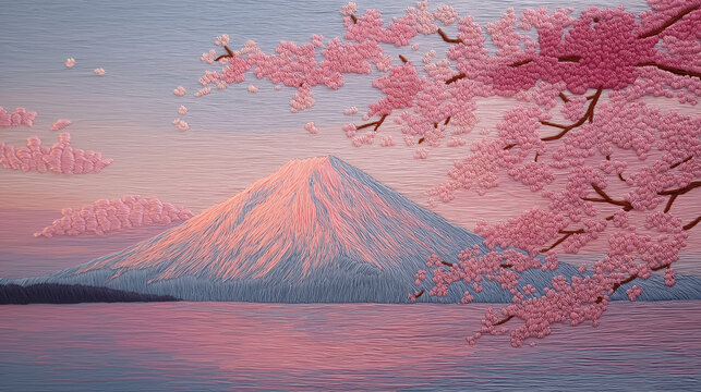 mount fuji embroidery landscape, thread stitched clouds and sakura foreground, soft sunrise light