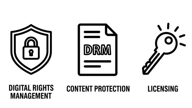 Cybersecurity and intellectual property icons for digital rights management content protection and software licensing with management protection licensing security copyright intellectual