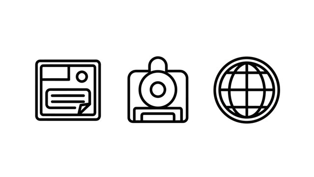 Set of three technology icons featuring a storage disk with document camera lens and a global network globe in outline style technology document photography internet interface communication