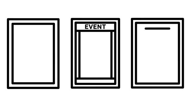 Set of three minimalist line icons representing empty frames event notification and document header for user interface design with rectangular interface notification isolated illustration