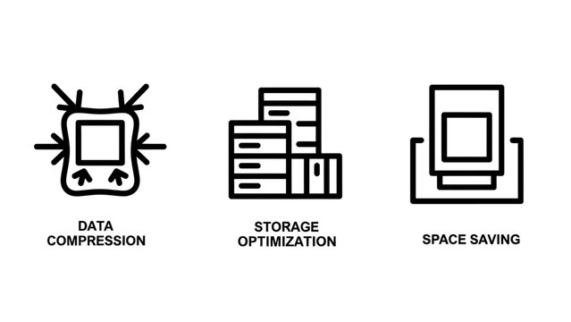 Information technology icons representing data compression storage optimization and digital space saving solutions with compression optimization technology computer database bandwidth efficiency