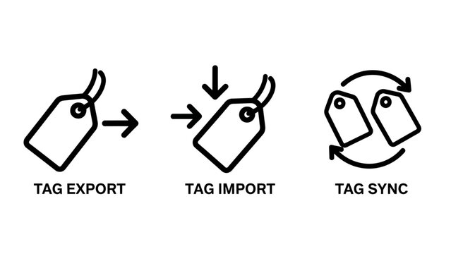 Set of icons representing tag export import synchronization processes symbolizing data management and organization in digital workflows with e commerce synchronization management workflow transfer