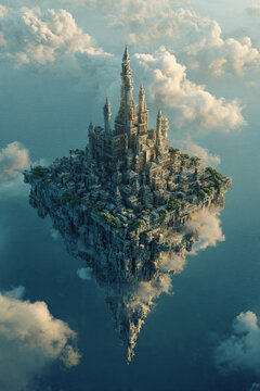 Floating Fantasy Castle Island in the Sky with Dramatic Clouds