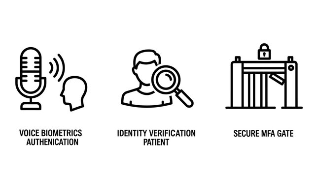 Security verification icons: voice biometrics identity verification secure gate with security check security authentication biometrics verification identification recognition microphone