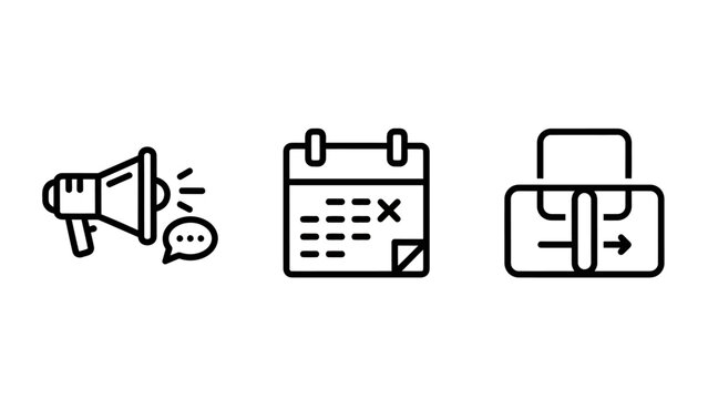 Graphic resource icons representing public megaphone announcements calendar event deadlines and identity card verification with announcement megaphone calendar schedule deadline identity