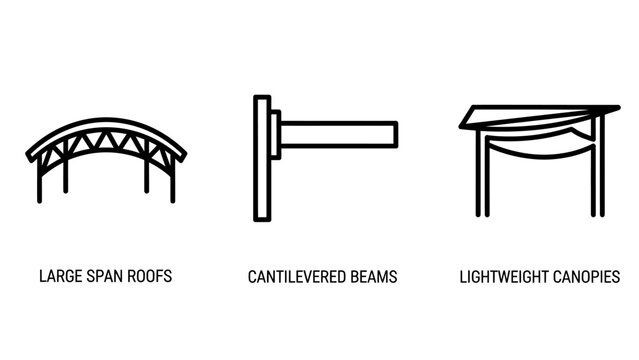 Architectural structure types icon set showing large span roofs cantilevered beams and lightweight canopies with architecture construction structure engineering building structural technical