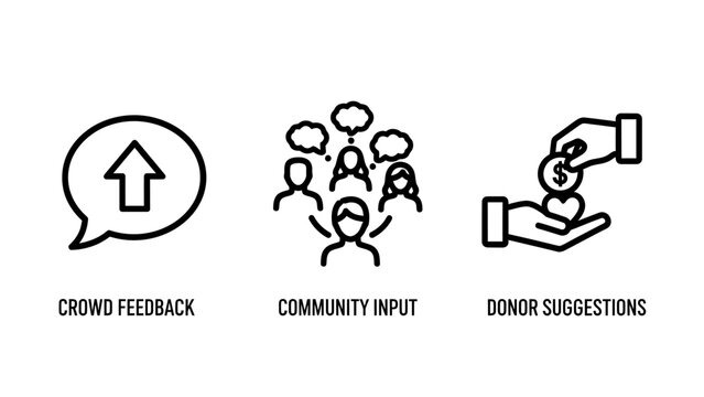 Crowd feedback community input and donor suggestions icon set with feedback community suggestion donation participation collaboration involvement contribution fundraising cooperation