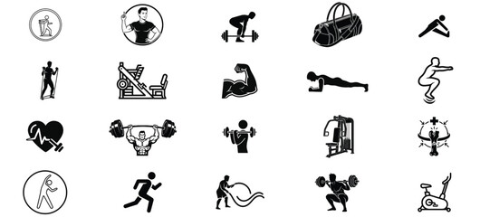 Naklejka premium Collection of black and white fitness and workout icons set