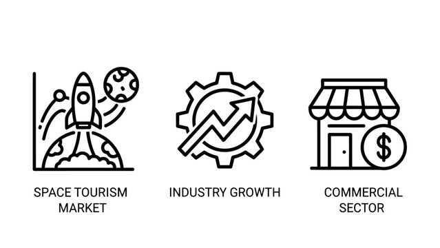 Business and economic icons showing space tourism market growth industrial progress commercial sector financial prosperity business commercial industry development investment corporate