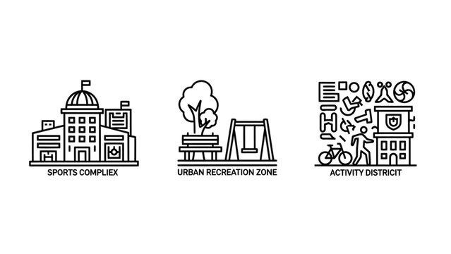 Urban development and city infrastructure line icon set featuring public facilities and activity areas infrastructure building facility recreation development landscape playground activity