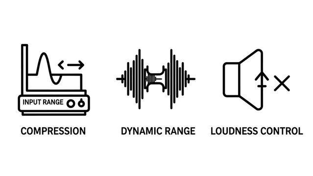 Audio engineering and sound processing line icon set for compression and dynamic range control with compression loudness processing engineering production amplitude waveform equipment settings