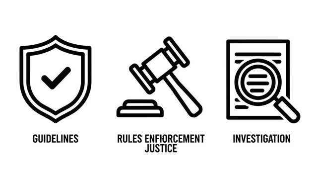 Law and justice enforcement icons set featuring legal guidelines and investigative procedures enforcement guidelines investigation checkmark document magnifying procedure compliance authority
