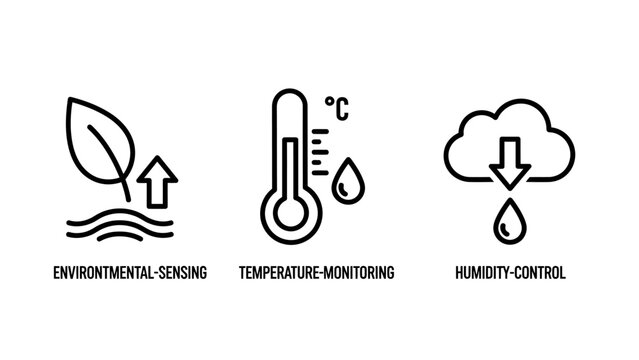 Environmental monitoring and climate control icons showing sensor technology temperature humidity management with environment temperature humidity monitoring technology analysis measurement
