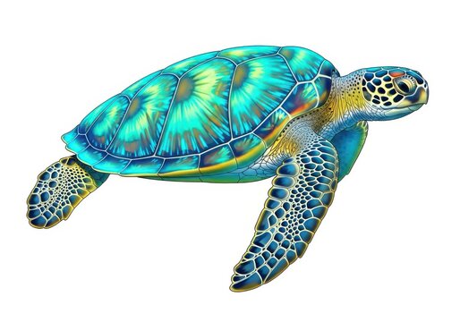 Vibrant sea turtle swimming gracefully through ocean waters isolated on white background