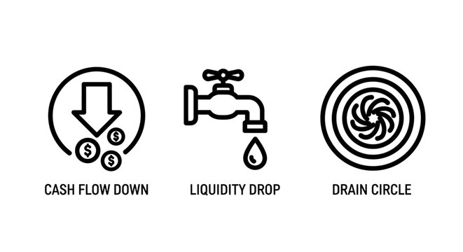 Financial liquidity and cash flow reduction icons set with liquidity cashflow business reduction investment financial downturn illustration minimalist bankrupt management accounting