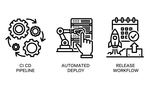 Ci cd pipeline and software automated deployment workflow icons with pipeline automation deployment software development workflow engineering programming infrastructure computing technical