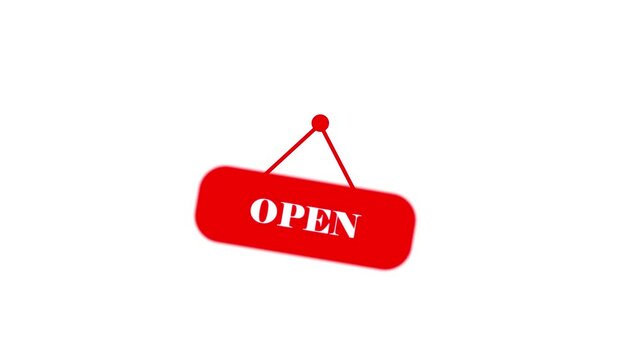 Open sign hanging animation. Business storefront symbol swinging on white background. 4k video.