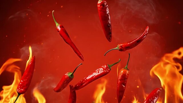 Fiery red chili peppers in the midst of flames, evoking a sense of heat and spice. The peppers appear to be floating