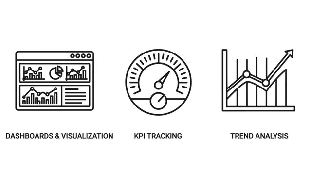 Business data analytics icons for dashboards visualization kpi tracking and trend analysis with business intelligence analytics dashboard tracking analysis business visualization performance