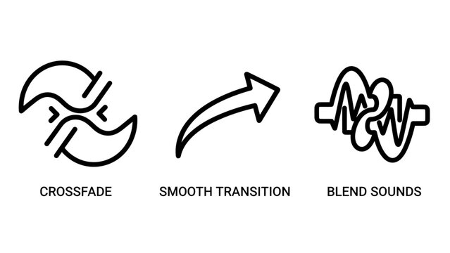 Audio editing icons representing crossfade smooth and blend sounds with crossfade transition production waveform software processing multimedia creative interface frequency illustration