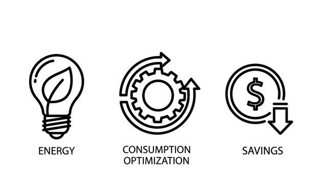 Energy efficiency consumption optimization and savings icons set efficiency consumption optimization business management decrease graphical strategic planning resource sustainability
