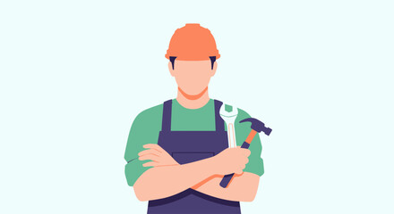 A construction worker stands confidently with arms crossed holding a hammer. © Fendi