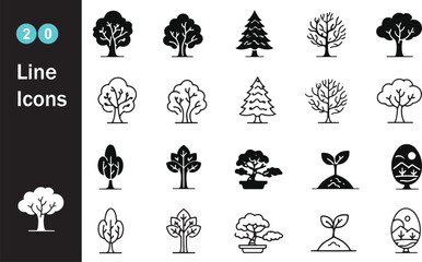 Naklejka premium Gemini saidSet of vector tree icons and black nature silhouettes featuring Christmas holiday decoration symbols and leaf art illustrations
