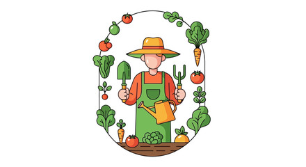A farmer holds vegetables and stands in a garden surrounded by leafy greens and colorful produce © Fendi