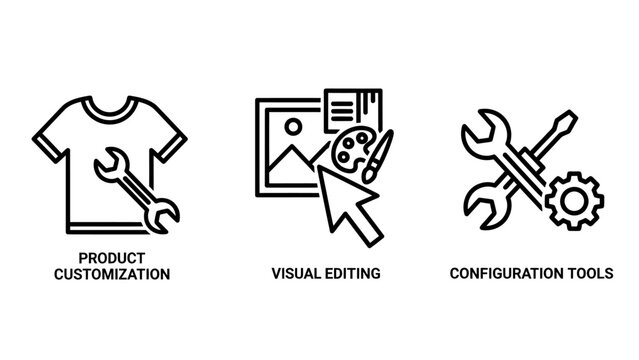 Product customization and visual editing configuration tools icons with t shirt customization configuration settings software development personalization mechanic maintenance engineering