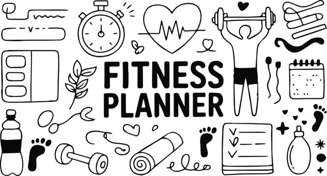 fitness planner icons and doodles for workout schedule and meal