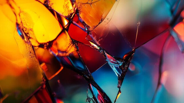 Bright shattered glass in vibrant colors creates an abstract design. The interplay of light and shadow adds depth. This artistic image is perfect for digital art and creative projects. AI.
