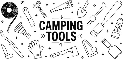 camping tools icon set rope whistle mallet knife axe shovel flashlight © AIcon Star