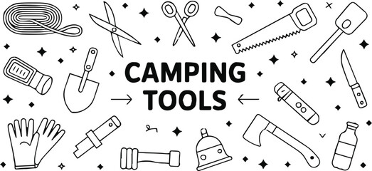 camping tools outlined icons rope knife axe shovel flashlight bottle © AIcon Star