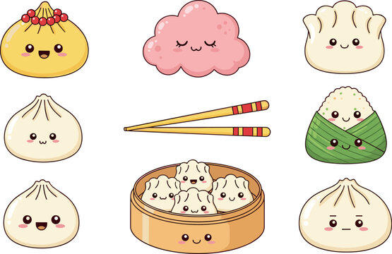 Cute Kawaii Chinese Dim Sum and Dumpling Character Set with Chopsticks for Asian Food, Restaurant, and Cartoon Sticker Illustration Designs