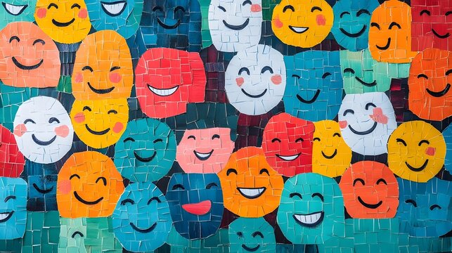 Vibrant Mosaic of Colorful Smiling Emojis in Abstract Pattern Background