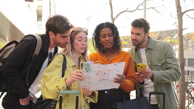 A cheerful group of friends eagerly examining a map together, showcasing their excitement and curiosity about navigating a new city while enjoying each other's company and laughter.