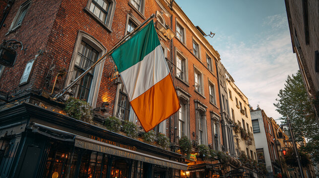 ireland irish flag waving in a pub street