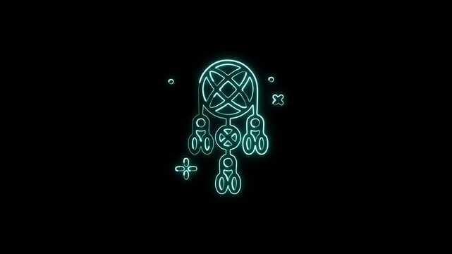 Glowing neon line dreamcatcher icon with floating feathers animation. Spiritual symbol animation HD video isolated on black background