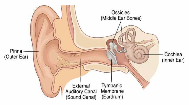 Anatomical illustration of the human ear, detailing the outer, middle, and inner ear structures including the pinna, auditory canal, tympanic membrane, ossicles, and cochlea.