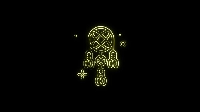 Glowing neon line dreamcatcher icon with floating feathers animation. Spiritual symbol animation HD video isolated on black background