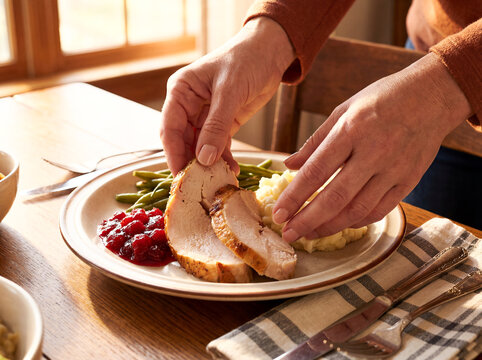 turkey dinner plate holiday roasted sliced homemade hands serving golden roasted turkey with cranberry sauce mashed potatoes and green beans on warm cozy table for festive autumn family gathering
