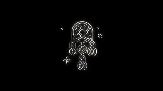 Glowing neon line dreamcatcher icon with floating feathers animation. Spiritual symbol animation HD video isolated on black background