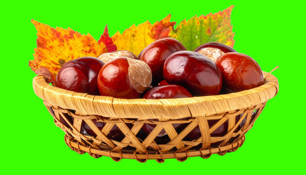 Rustic Wicker Basket With Conkers Isolated on White Background