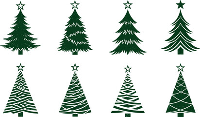 Obraz premium Dark Green Christmas Tree Silhouette Set with Star Topper in Various Styles for Holiday, Festive, and Xmas Season Decoration Designs