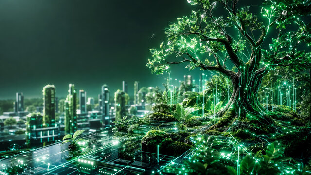 Futuristic green tree with glowing fiber optic lines stands over neon city landscape.