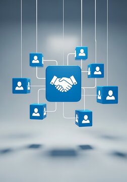 Corporate partnership management visualization with handshake agreement surrounded by connected team members in business networking system.