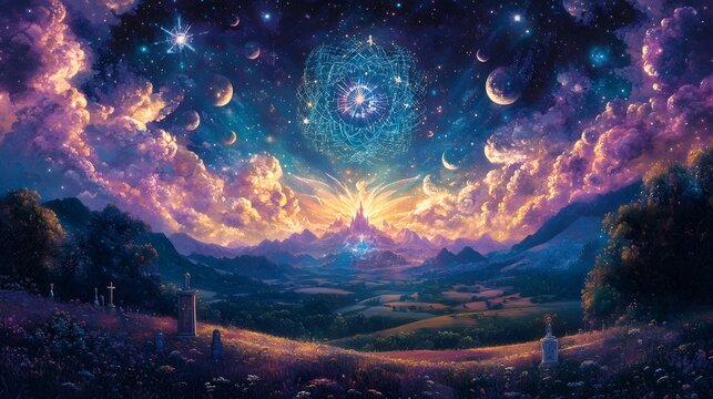 Transcendent Cosmic Landscape with Celestial Elements and Mystic Energy